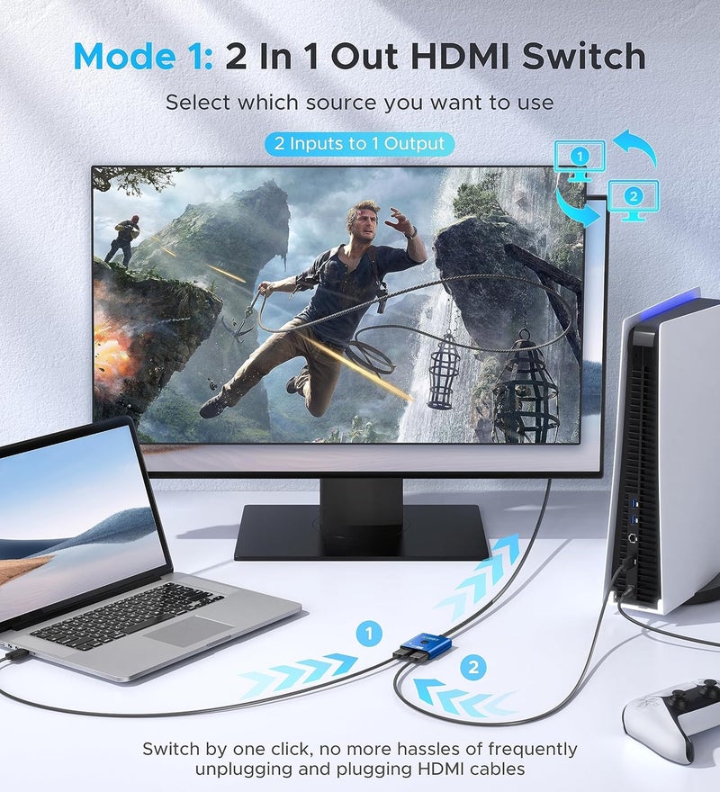 Warrky مفتاح HDMI 4K@60Hz مقسم 2 في 1 مخرج، [كابل HDMI مضفر ثابت بطول 3.3 قدم، علبة ألمنيوم، HDCP 2.2] مفتاح ثنائي الاتجاه 2x1 متوافق مع UHD لجهاز PS5/4، نينتندو سويتش، روكو، فايرستيك – أزرق - Image 2